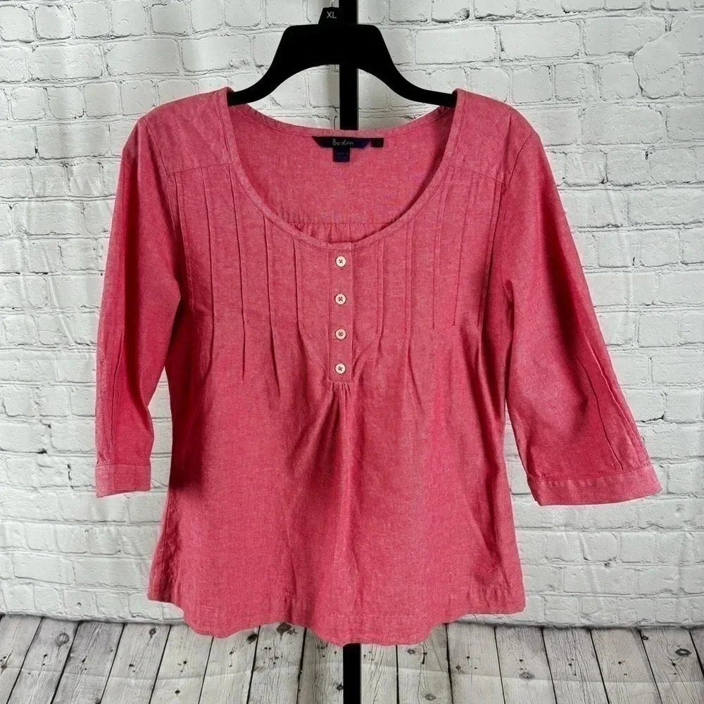 Boden Pink Heather Scoop-Neck Pintuck Button Top